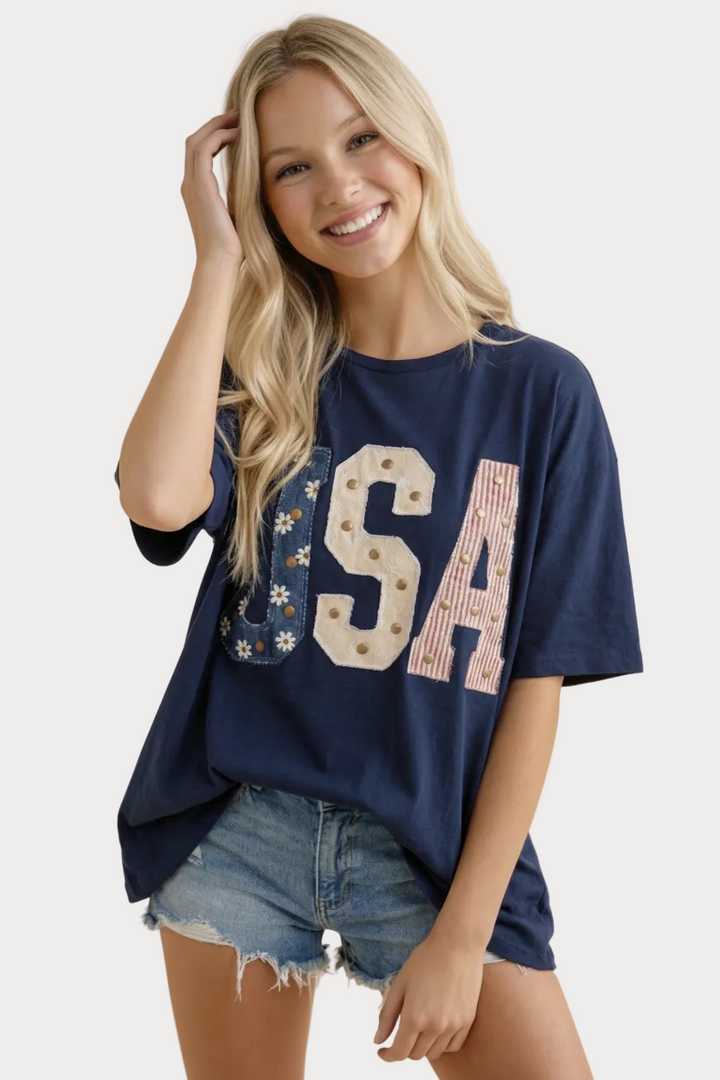 Mixed-Media Studded USA Graphic Tee
