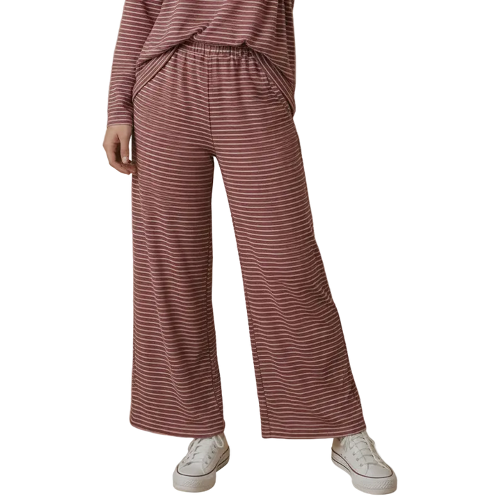 Women's mulberry and cream striped French terry wide leg pants with elastic waistband and side pockets.
