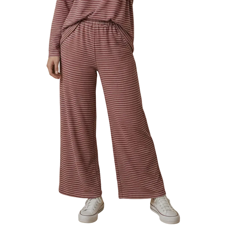 Women's mulberry and cream striped French terry wide leg pants with elastic waistband and side pockets.