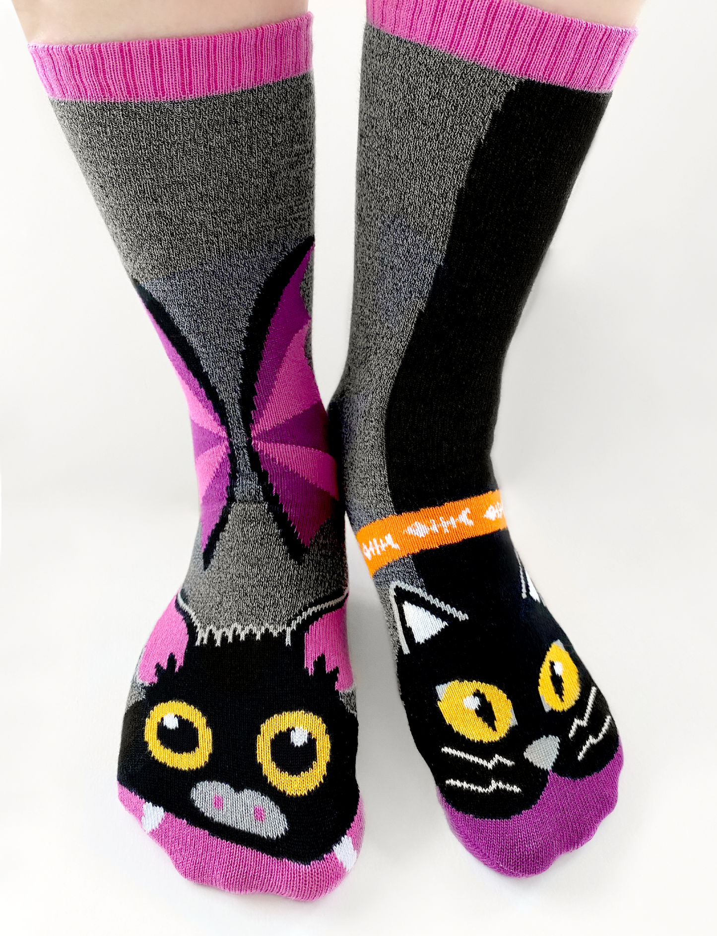 Bat & Black Cat Mismatched Halloween Socks for Adults