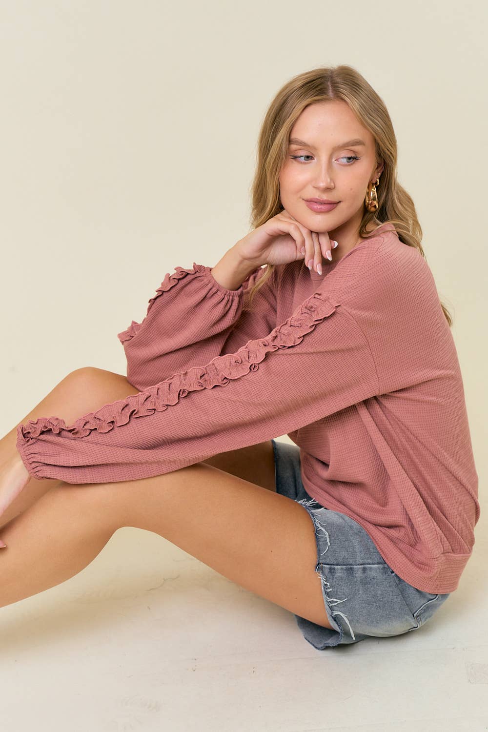 Textured Knit Round Neck Ruffled Long Sleeve Top