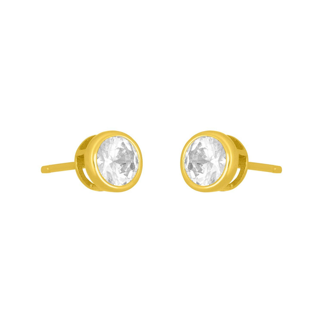 Gold bezel-set 5mm cubic zirconia stud earrings.
