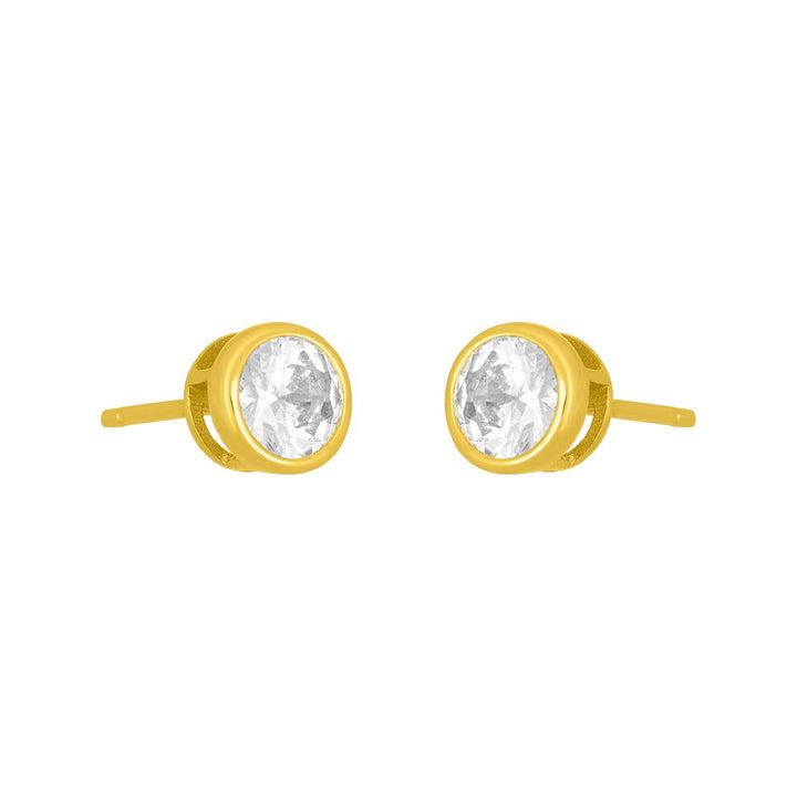 Gold bezel-set 5mm cubic zirconia stud earrings.