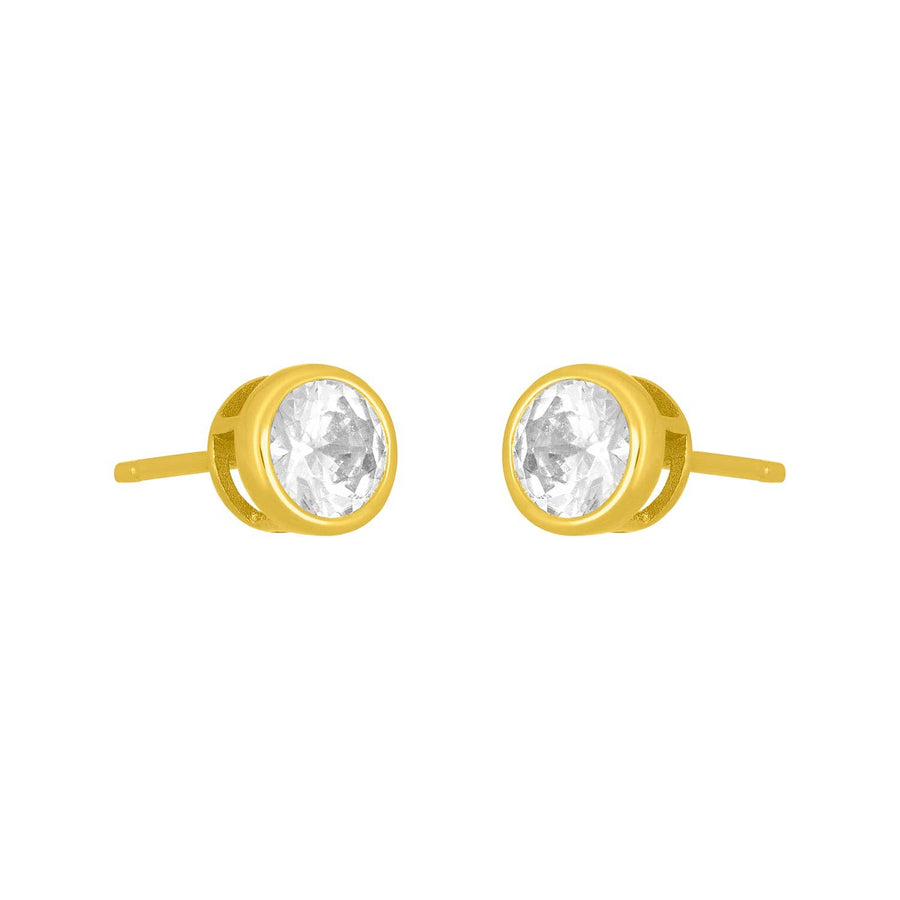 Gold bezel-set 5mm cubic zirconia stud earrings.