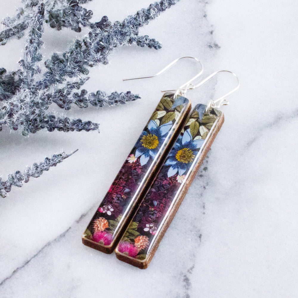 Modern meadow floral wood bar earrings in blue purple pink and green with sterling silver ear wires