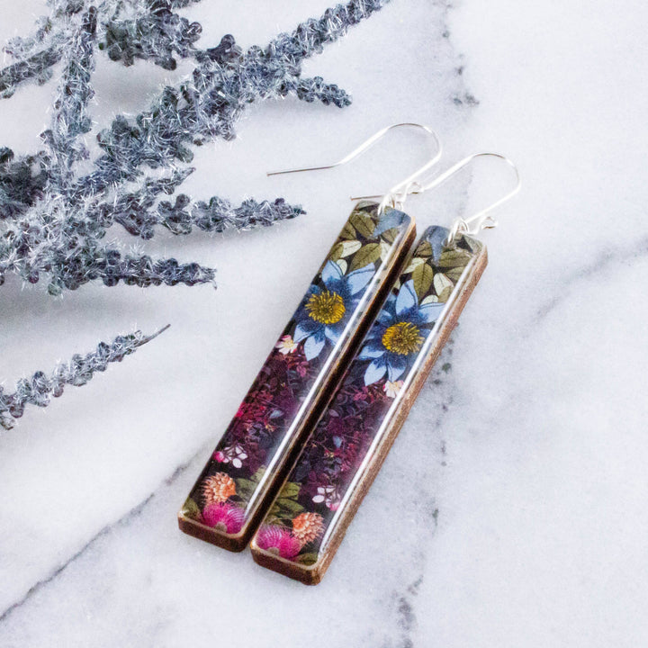 Modern meadow floral wood bar earrings in blue purple pink and green with sterling silver ear wires