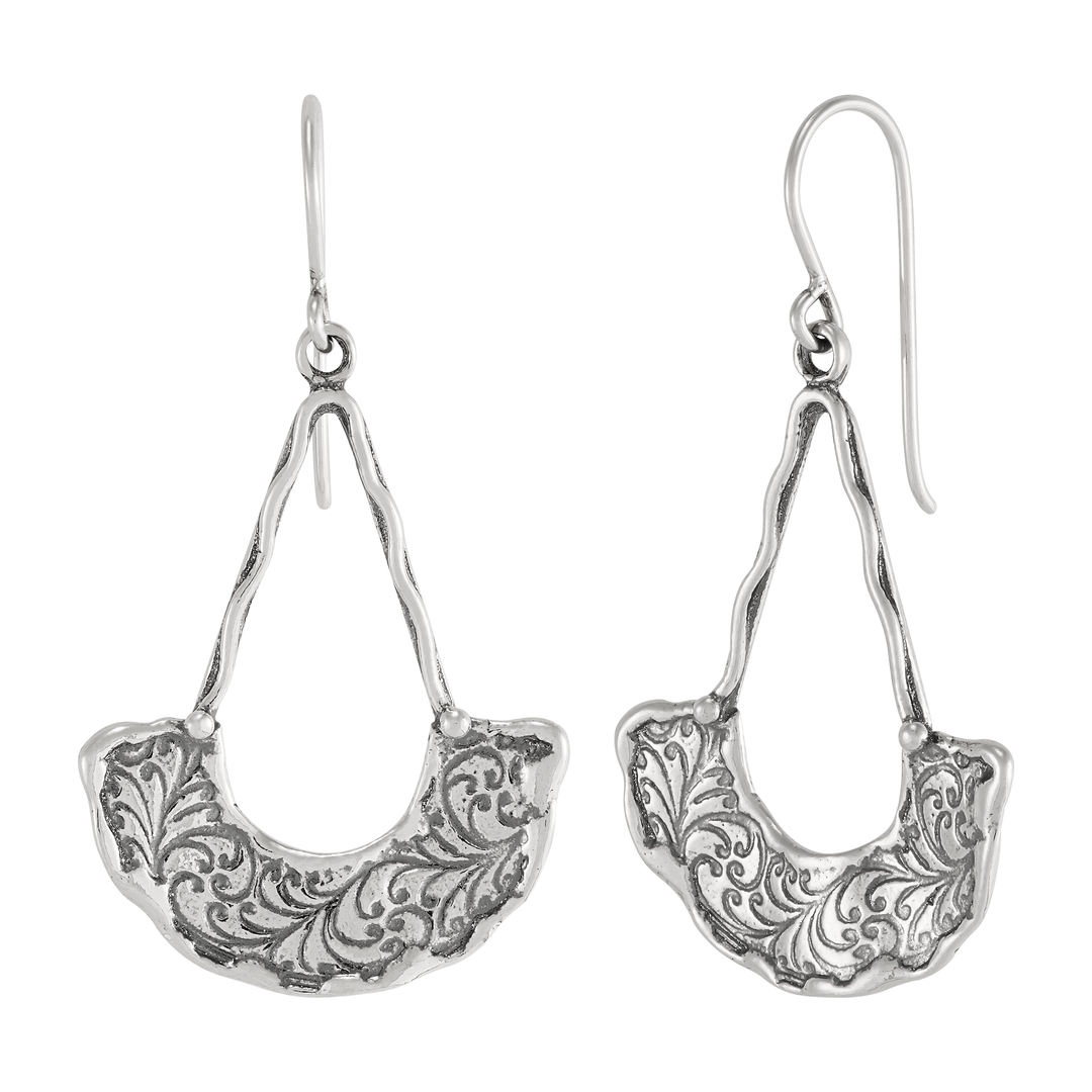 Sterling silver drop earrings with etched filigree design