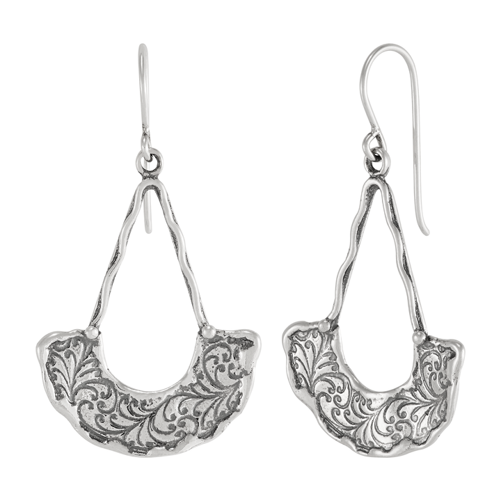 Sterling silver drop earrings with etched filigree design