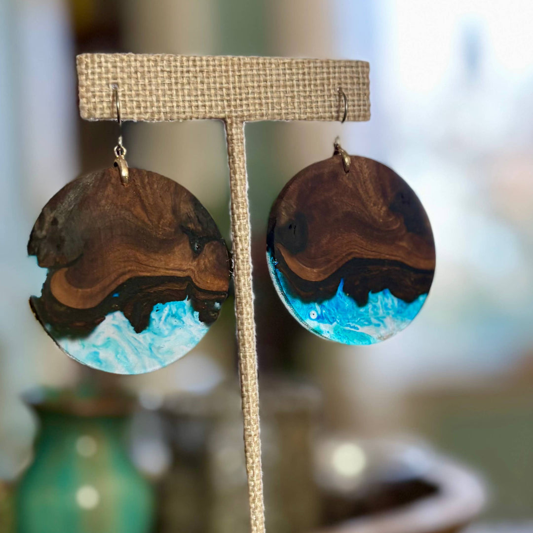 Blue Tide Wood & Resin Circle Earrings