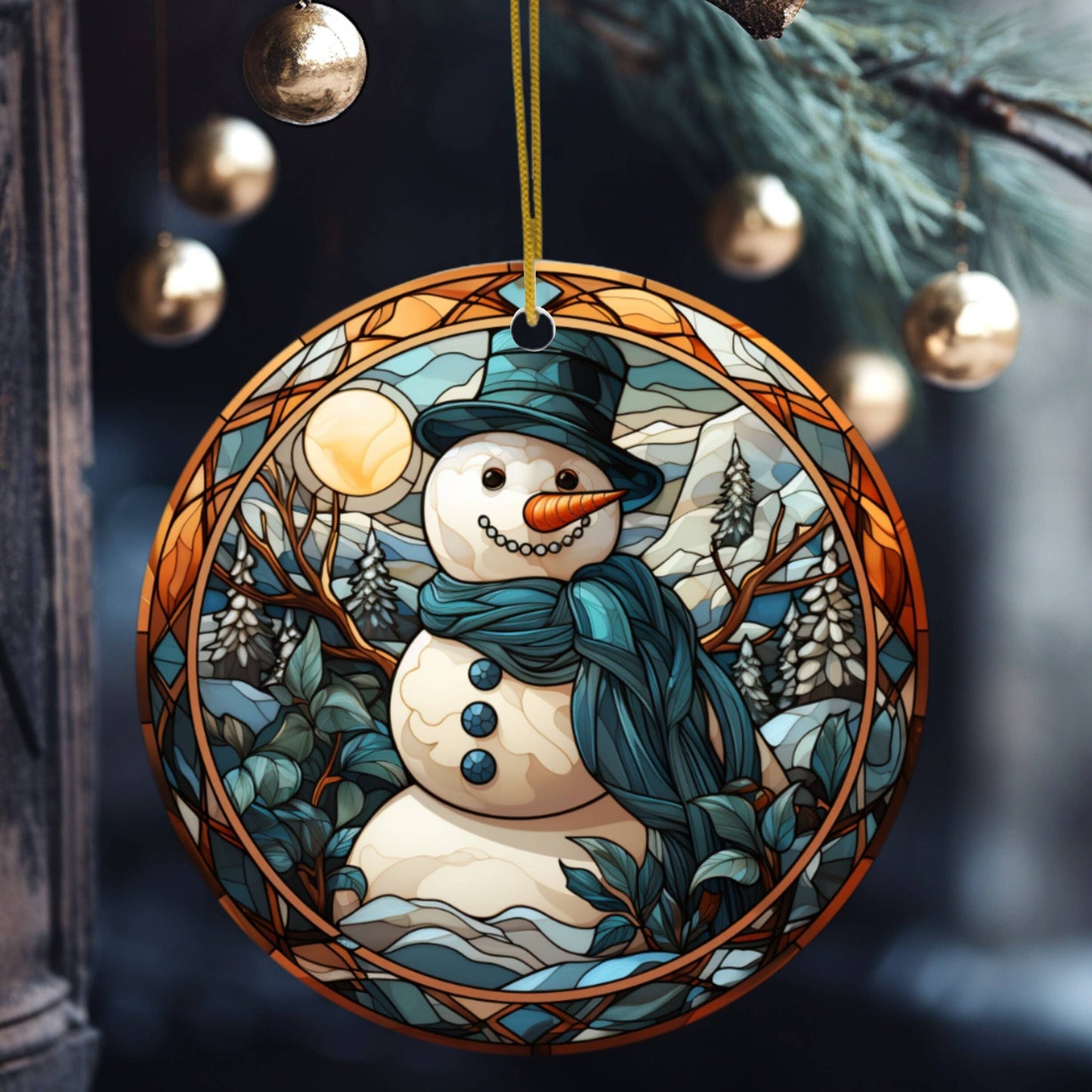 Snowman Christmas Keepsake Ornament in Stained Glass Style