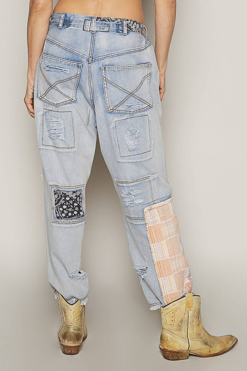 Patch work detail ankle length denim pants