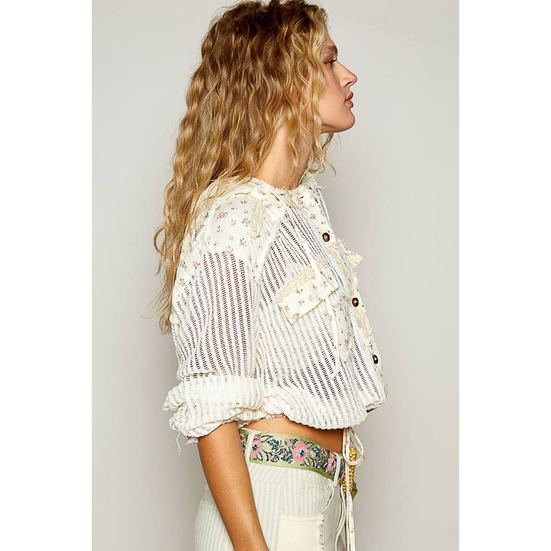 Boho Chic Lilac Mesh Button-Up Top with Floral Patchwork Detail