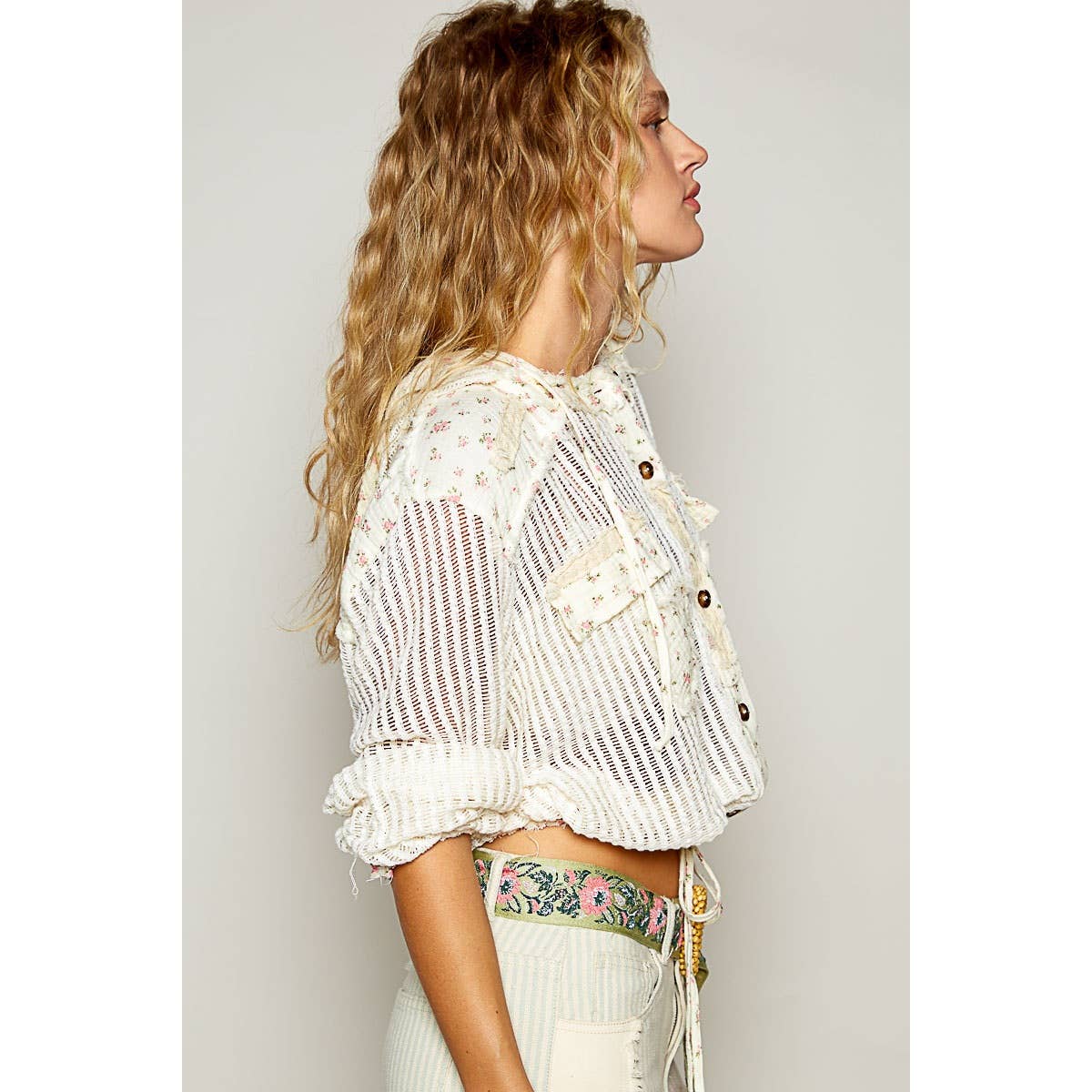 Boho Chic Lilac Mesh Button-Up Top with Floral Patchwork Detail