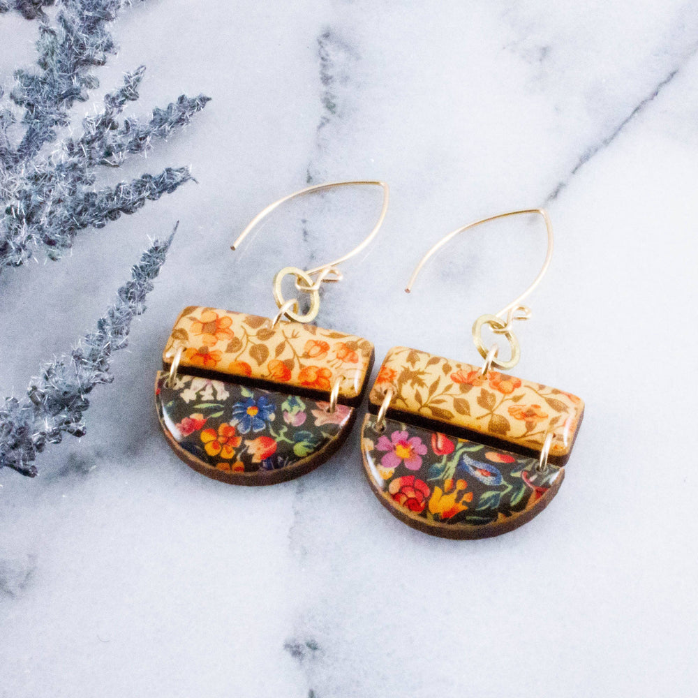 Cottage Calico stacked wooden half circle earrings with warm vintage florals and colorful dark meadow print
