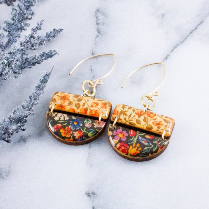 Cottage Calico stacked wooden half circle earrings with warm vintage florals and colorful dark meadow print