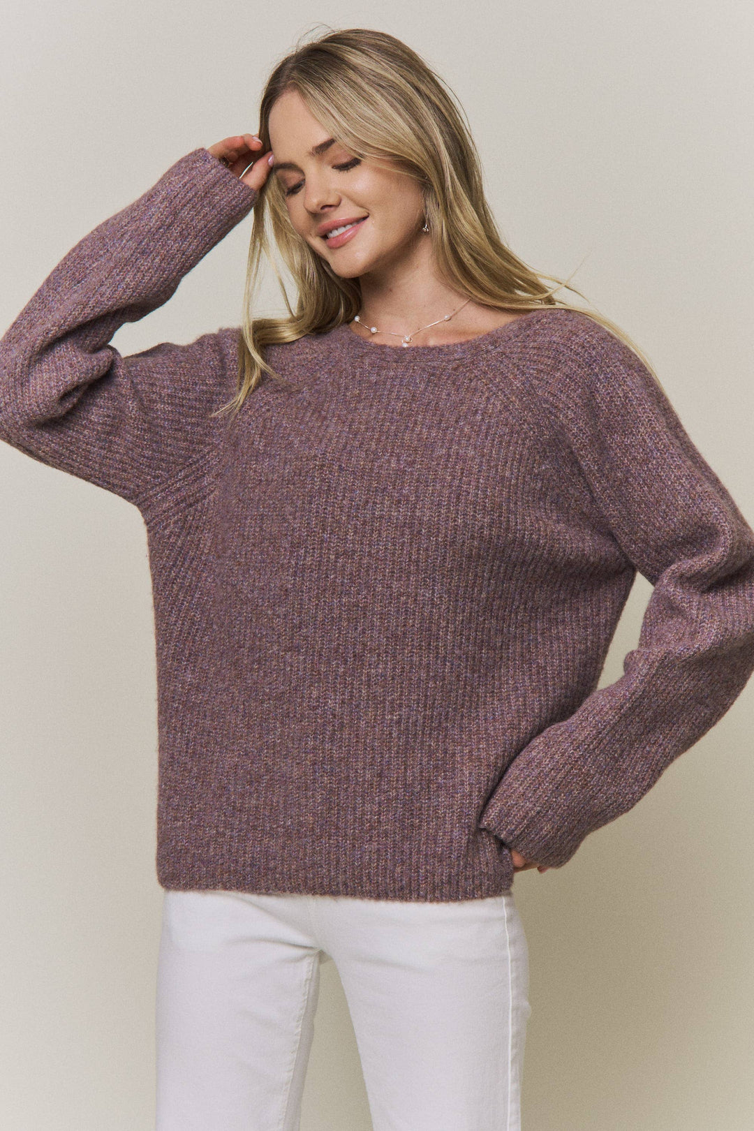Everly reversible heathered mauve relaxed knit sweater with classic front & a twist detail in back
