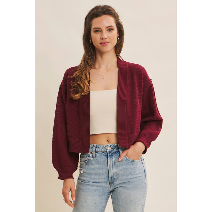 Waffle Knit Balloon Sleeve Cardigan | Cropped Sweater