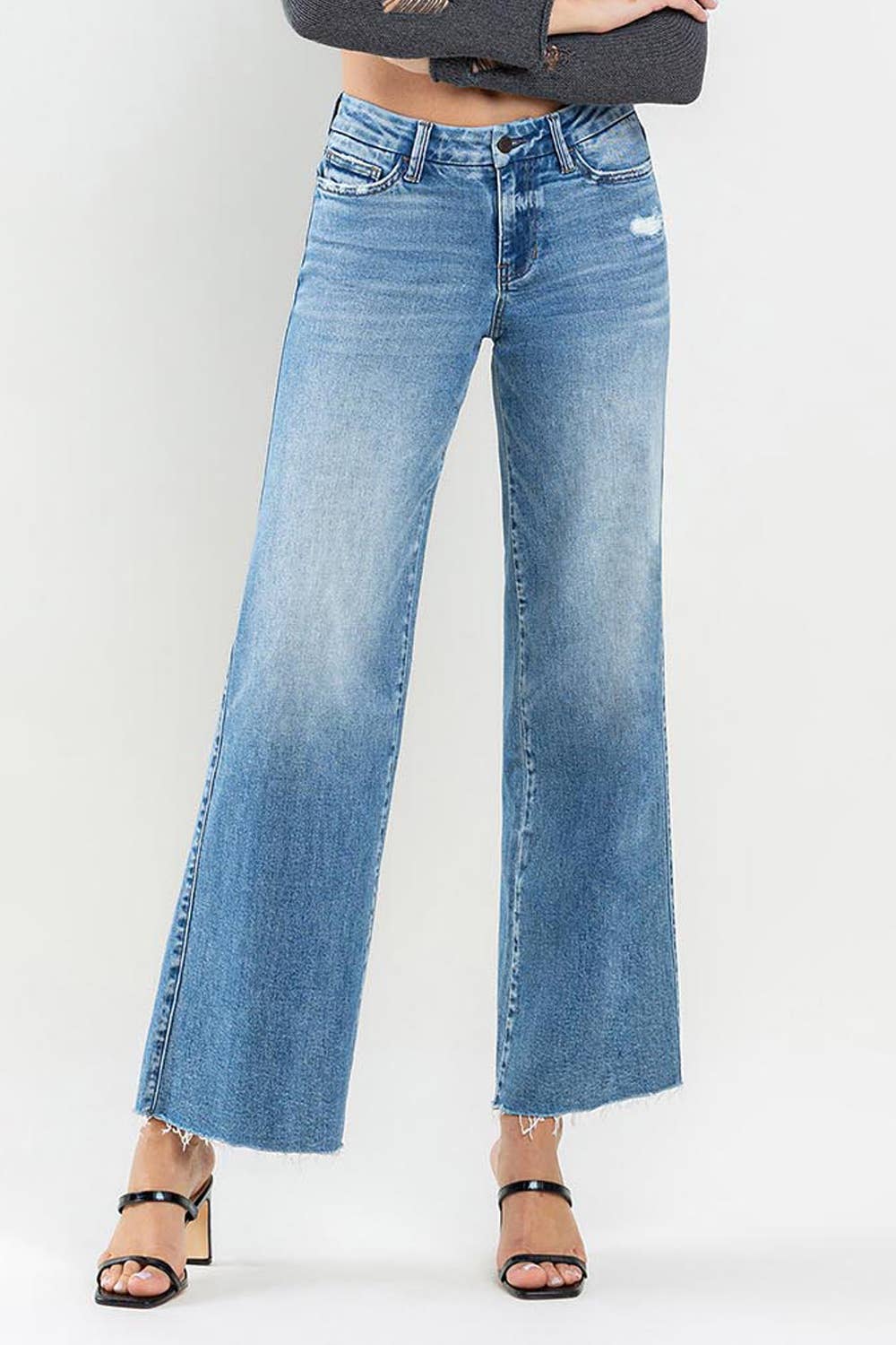 Olivia - Mid Rise Clean Cut Raw Hem Wide Jeans