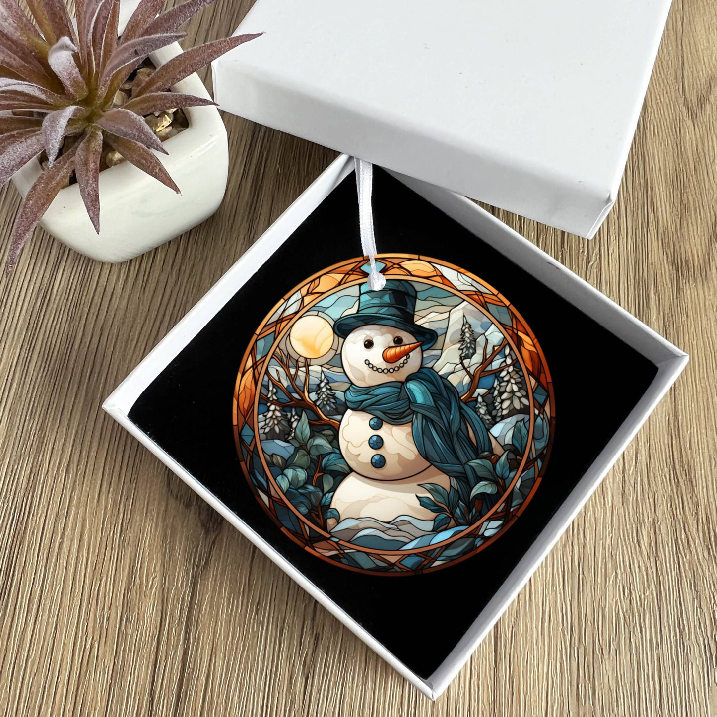 Snowman Christmas Keepsake Ornament in Stained Glass Style