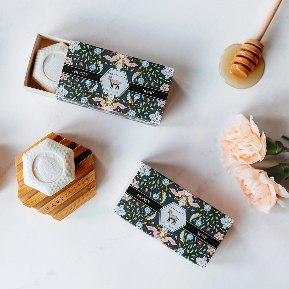 Goat's Milk Honey Soap Matchbox Duo with two mini hexagon-shaped moisturizing soap bars in decorative gift packaging.
