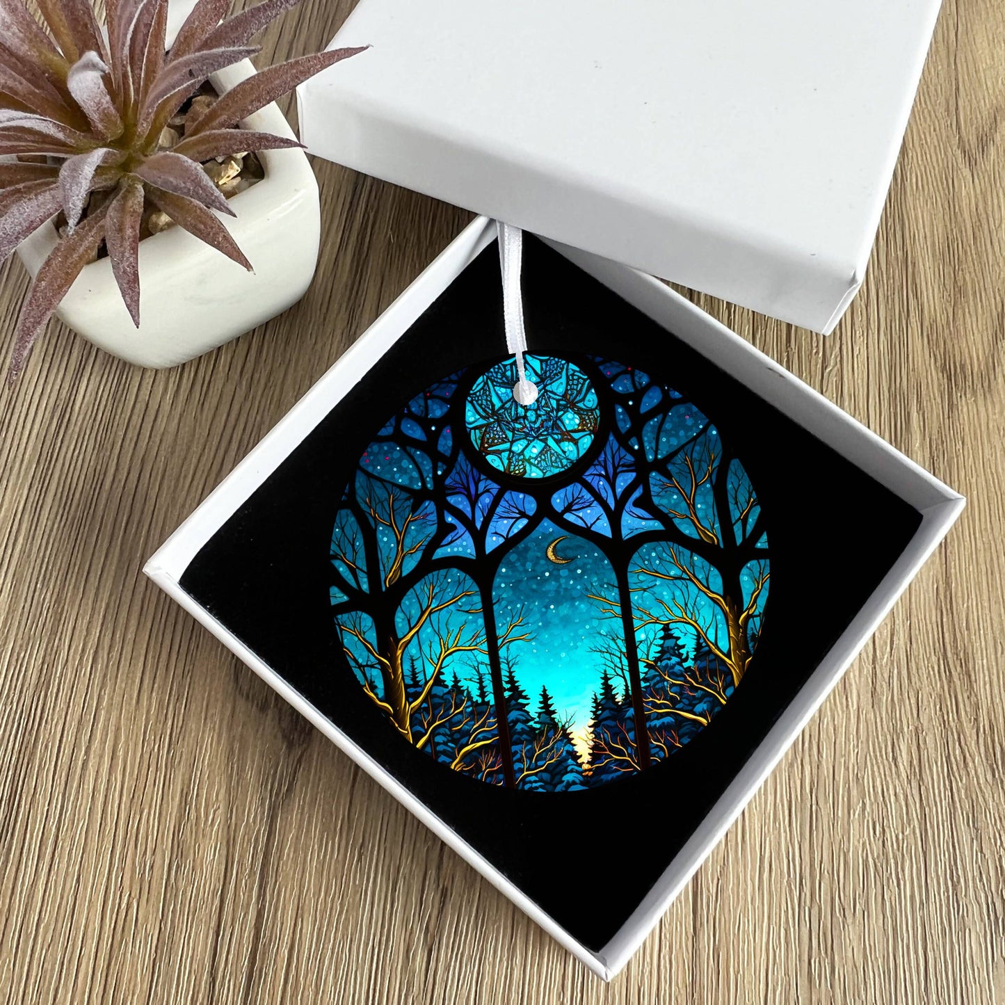 Winter Night Ceramic Ornament with Stained Glass Design