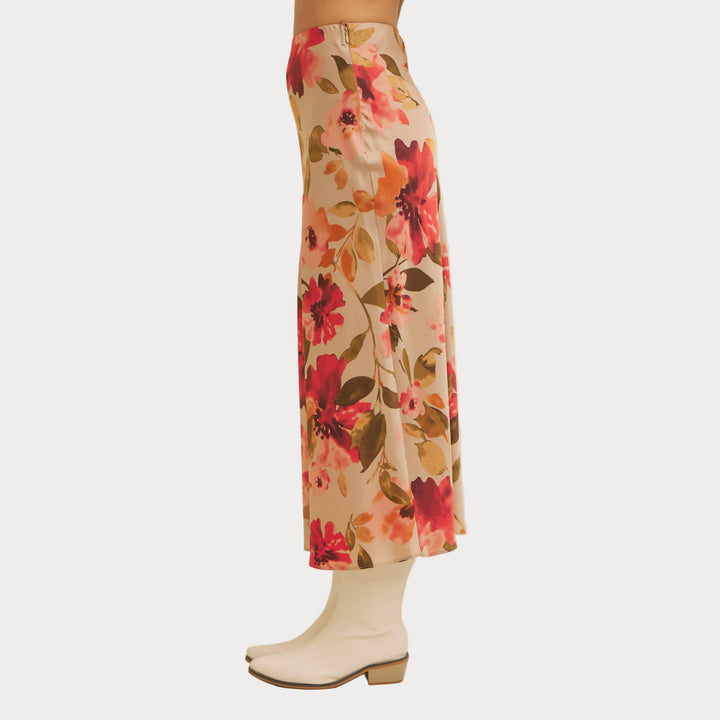 Floral Satin Bias Cut Maxi Skirt | Pink & Red Slip Skirt