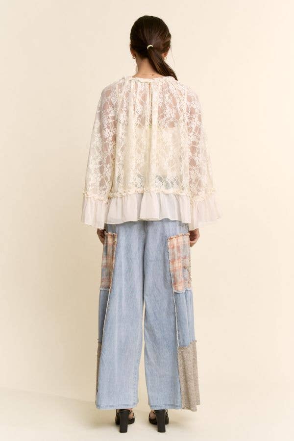 Sheer Lace Bell Sleeve Blouse