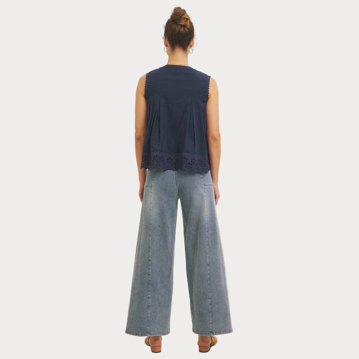 Eyelet Sleeveless Blouse | Button-Front Tank Top