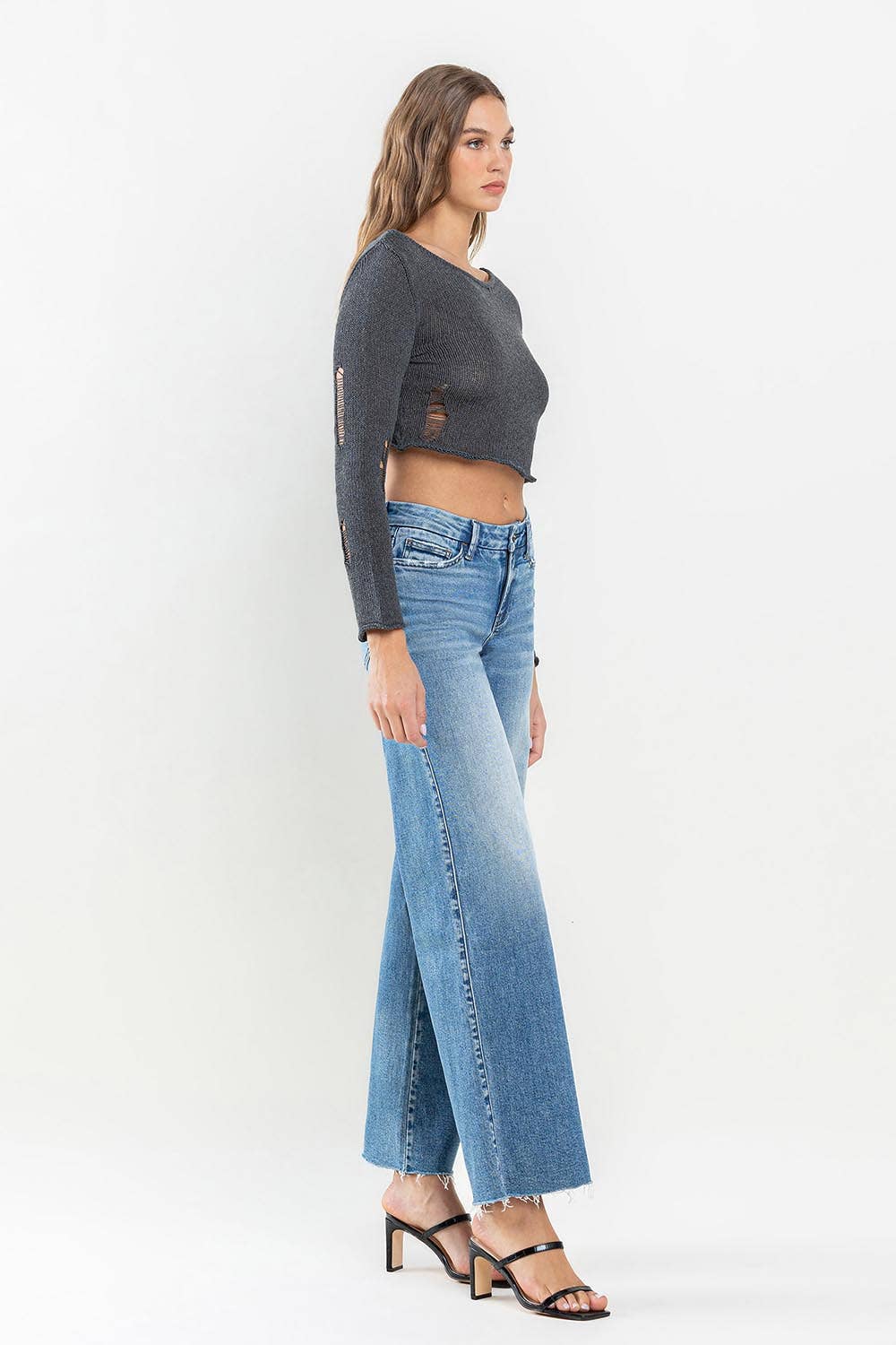 Olivia - Mid Rise Clean Cut Raw Hem Wide Jeans