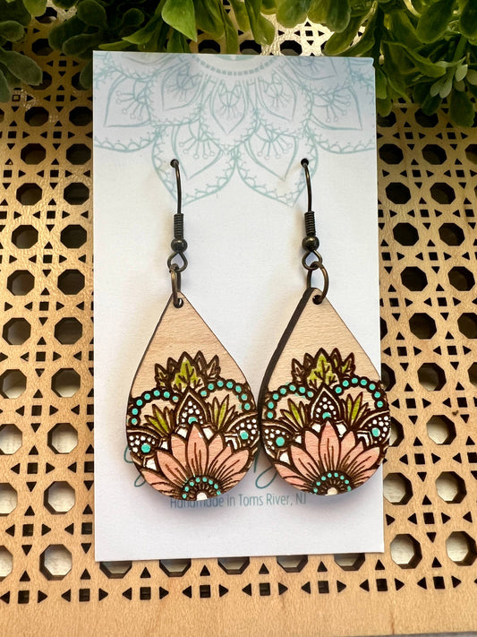 Wooden Earrings - Sunflower Mandala - Blush Pink