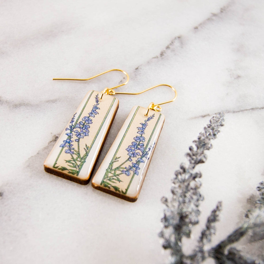 Vintage Art Deco delphinium wooden earrings with blue lavender flowers, green stems and gold-filled ear wires