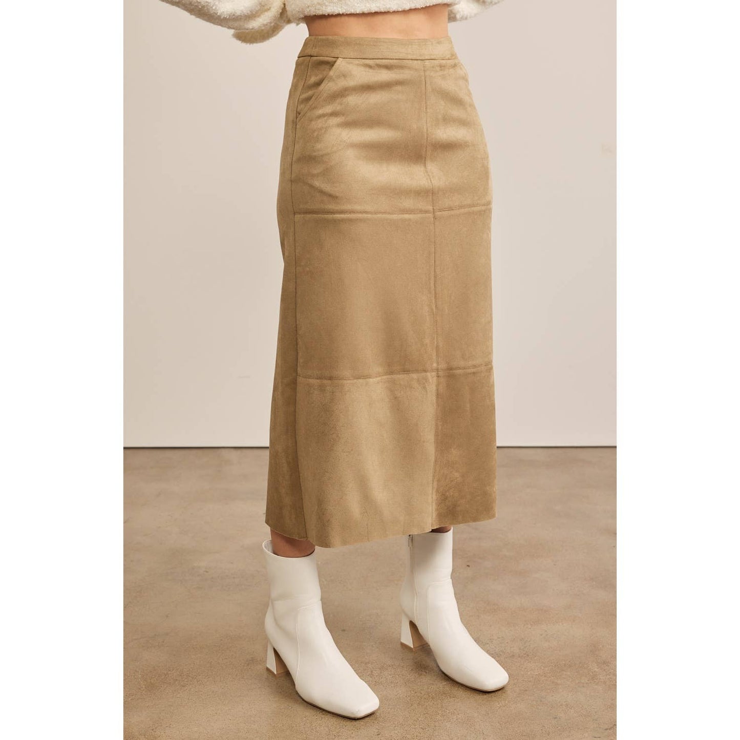 SUPER SOFT SUEDE GRID MIDI SKIRT WITH BACK SLIT