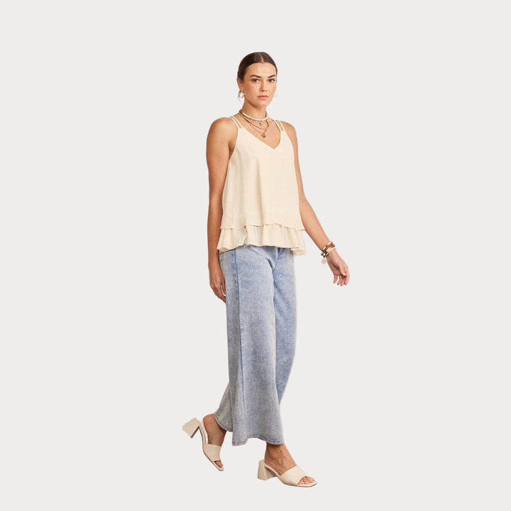 Double Strap Layered Cami | Cream V-Neck Tiered Tank Top