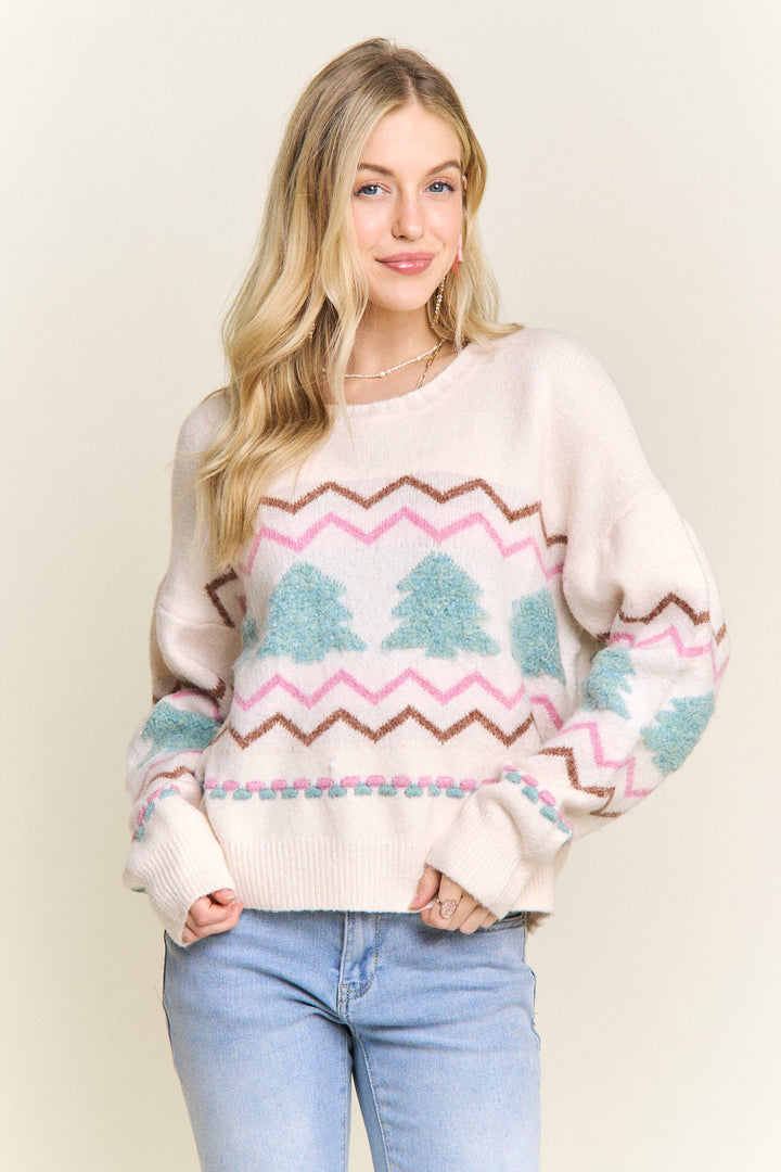 “Cream knit sweater with fluffy textured Christmas trees and pastel chevron stripes”