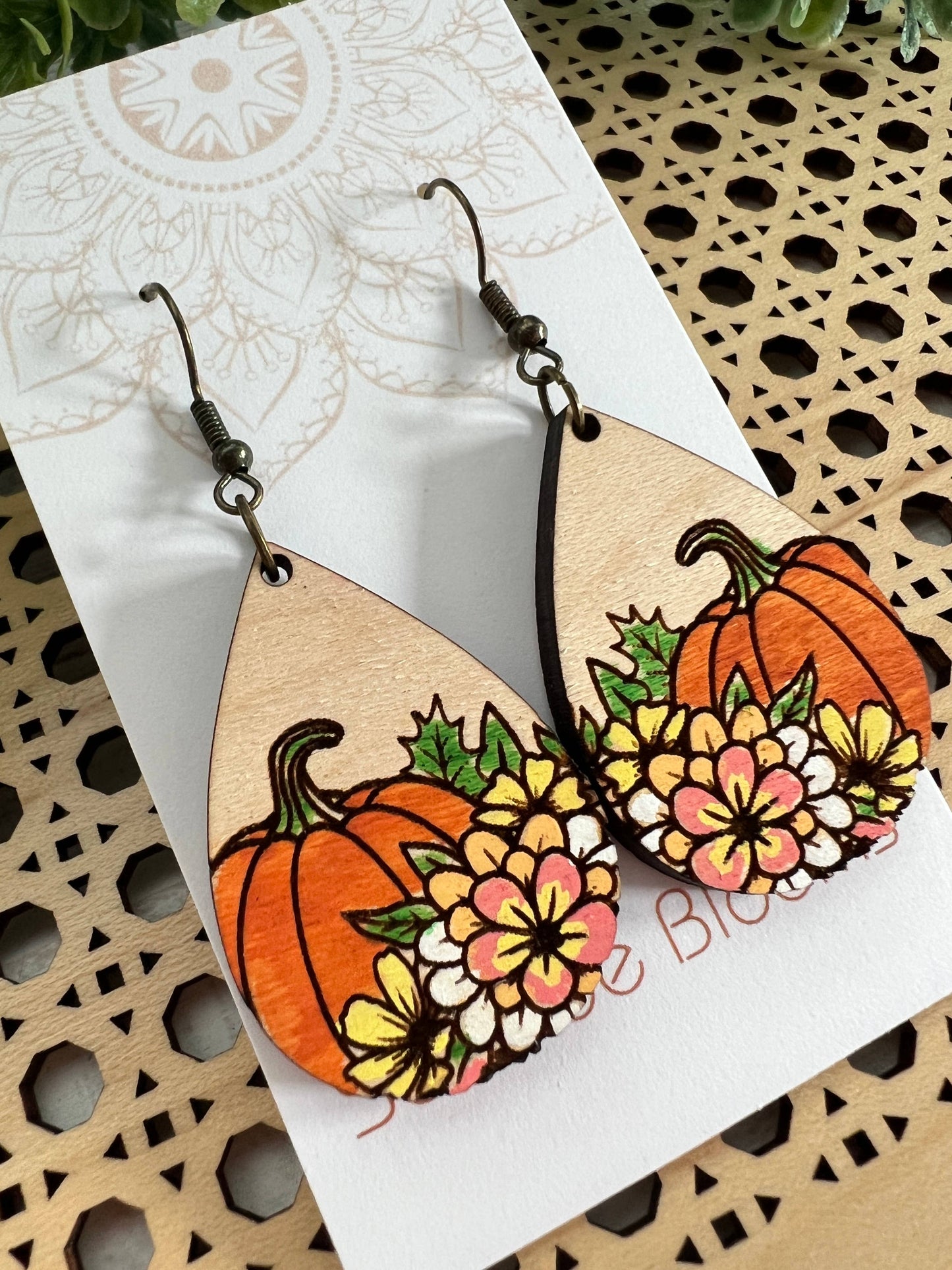 Wooden Earrings - Floral Pumpkin