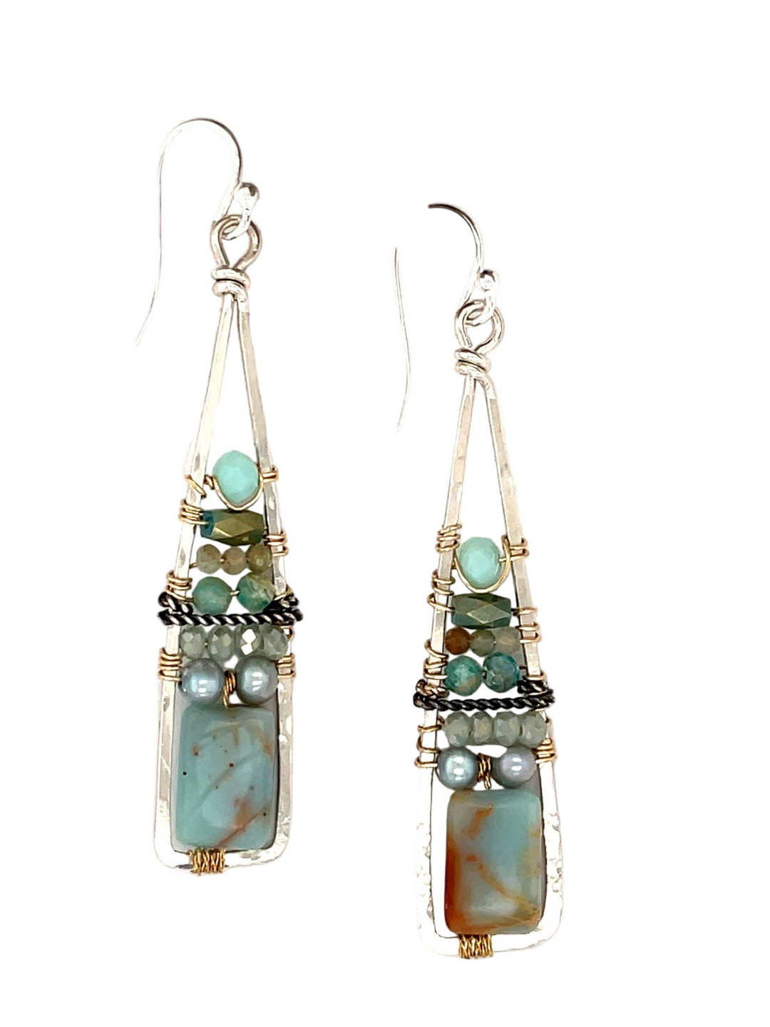 Pair of earrings with Terra Verde Jasper, Fresh Water pearls, Amazonite, and Crystal beads on a white background