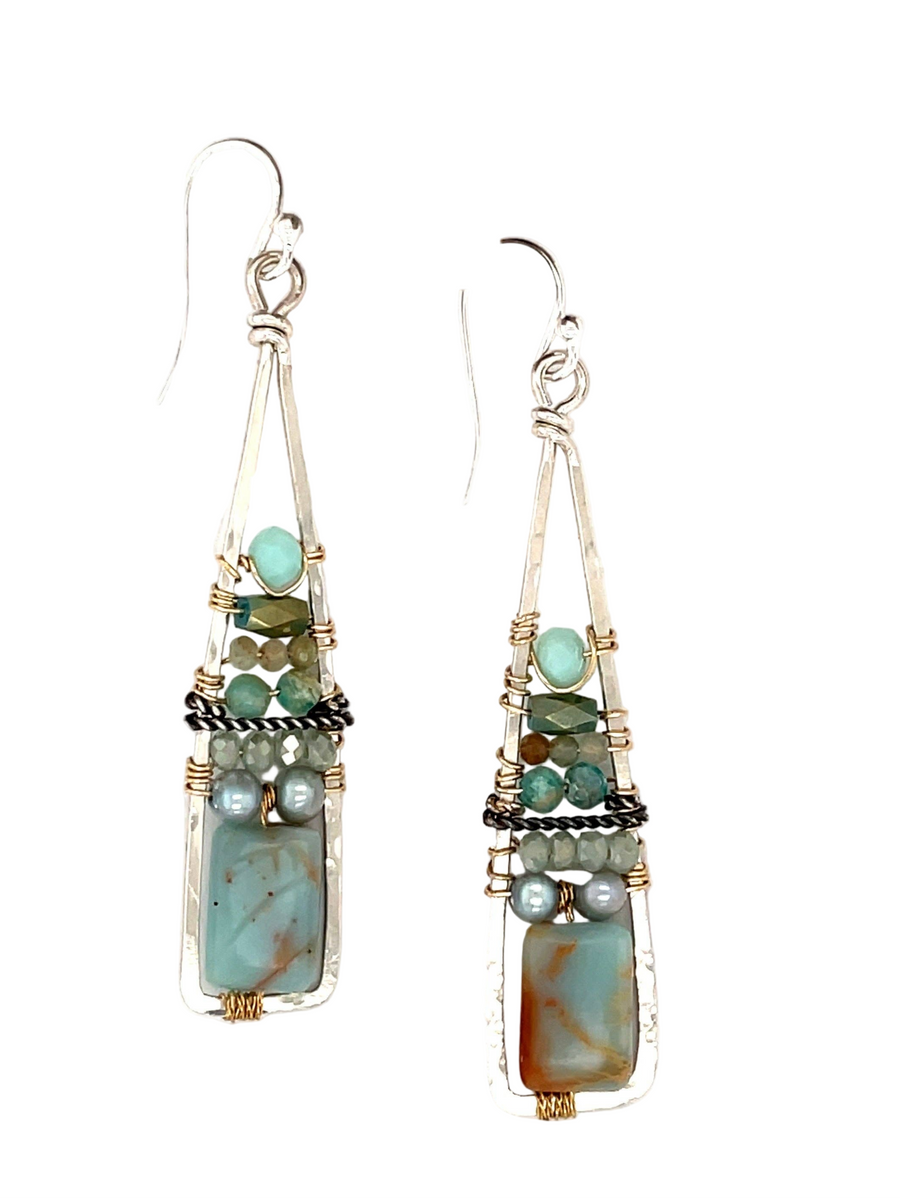 Pair of earrings with Terra Verde Jasper, Fresh Water pearls, Amazonite, and Crystal beads on a white background