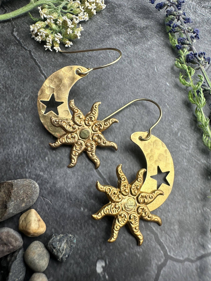 Hand Hammered Brass Sun Moon Earrings, Celestial Art Nouveau