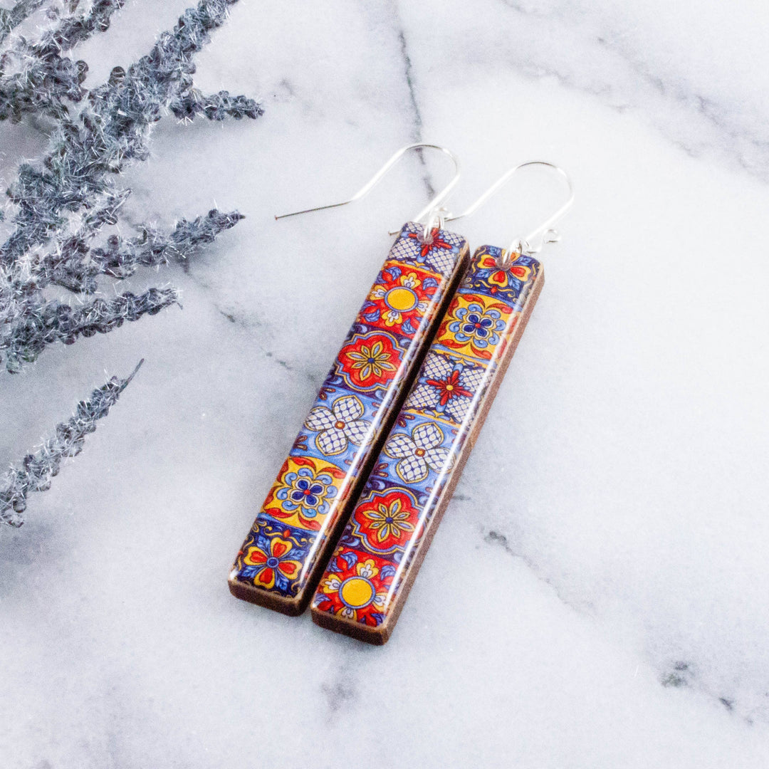 Vintage Mexican Talavera tile wooden bar earrings with colorful red blue and yellow floral pattern