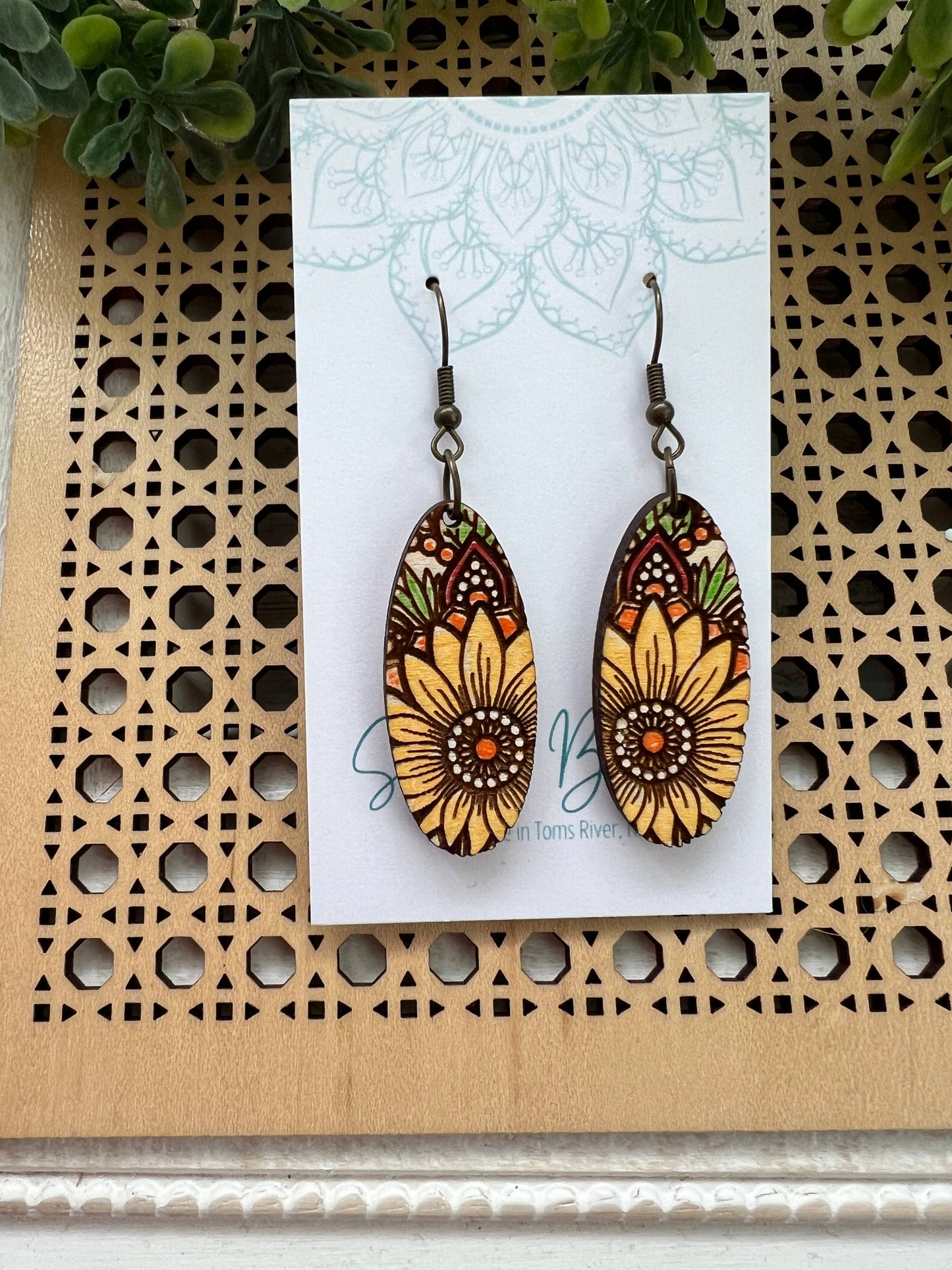 Wooden Earrings - Sunflower Mandala Oval