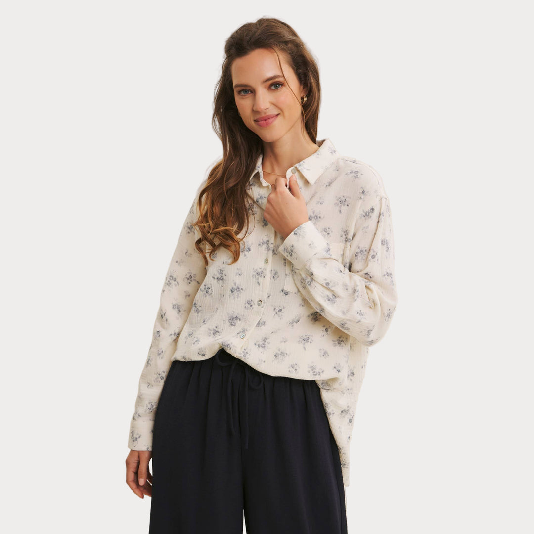Airy Cotton Gauze Floral Shirt | Relaxed Oversized Button-Down