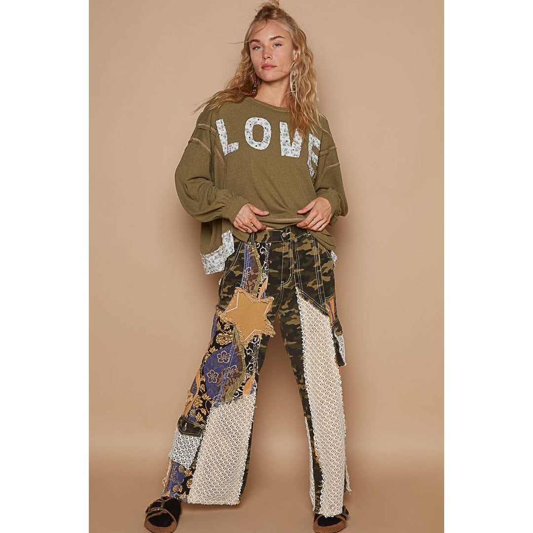 Round neck long sleeve LOVE solid top