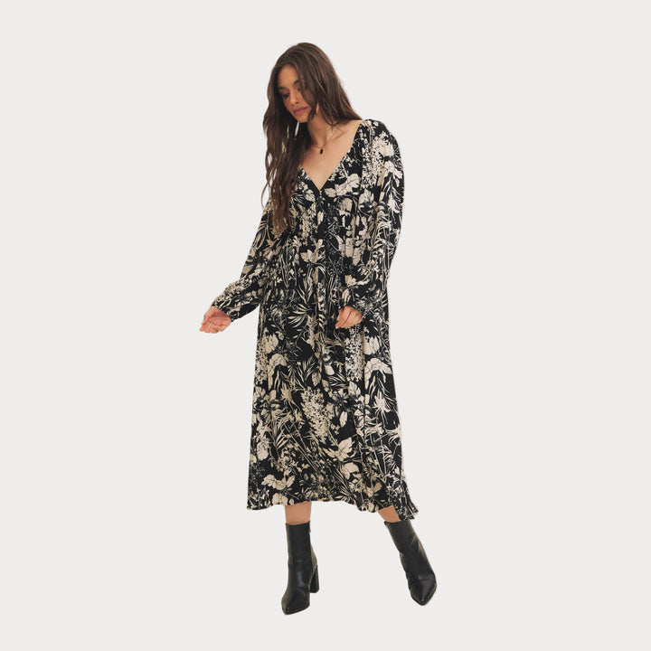 Black Floral Print Midi Dress | Long Bishop Sleeve Boho Dress