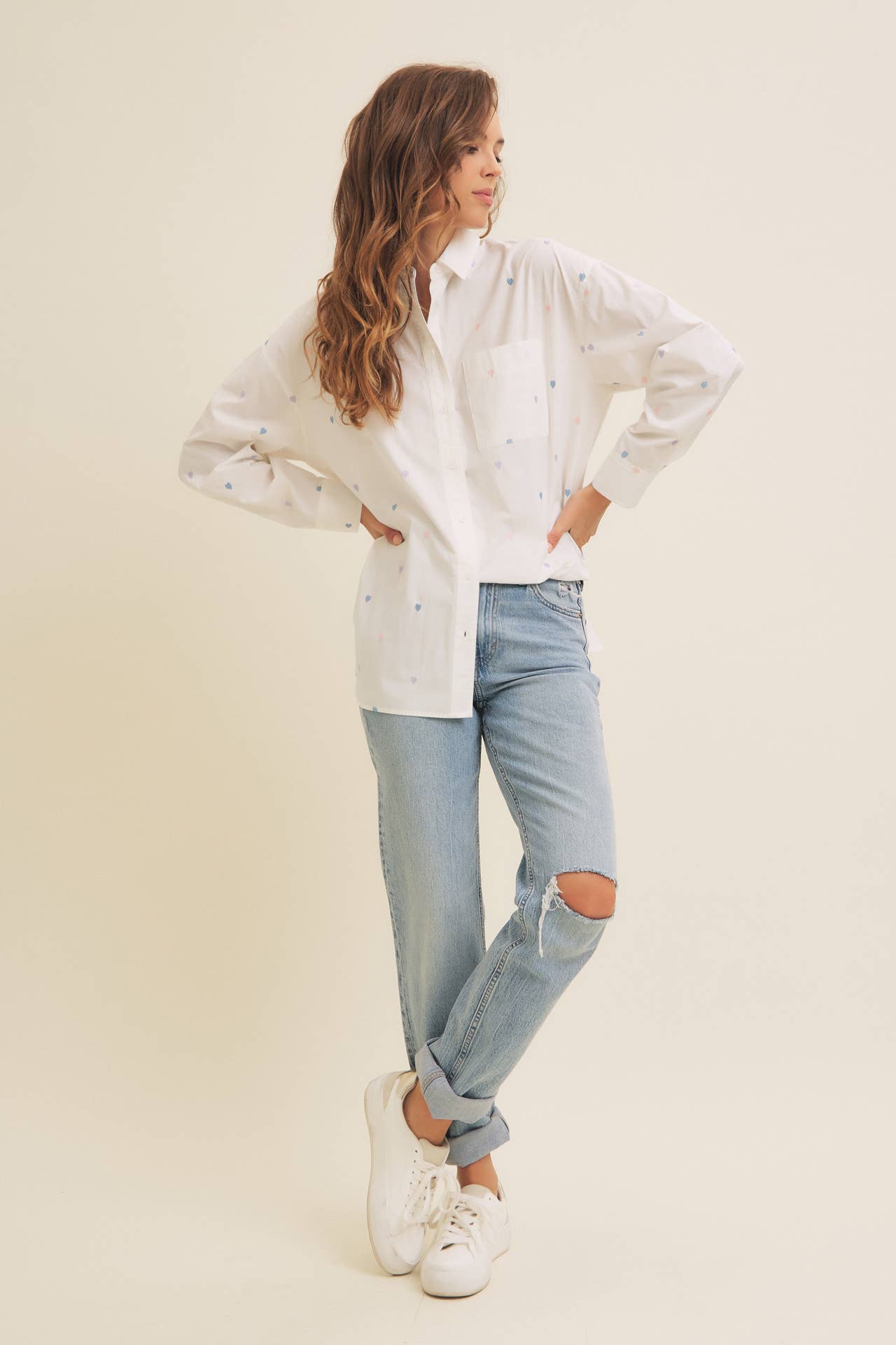 FULL OF HEARTS EMBROIDERY BUTTON DOWN LONG-SLEEVED SHIRT