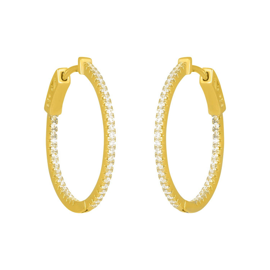 Gold 25mm hoop earrings with pavé cubic zirconia detailing.