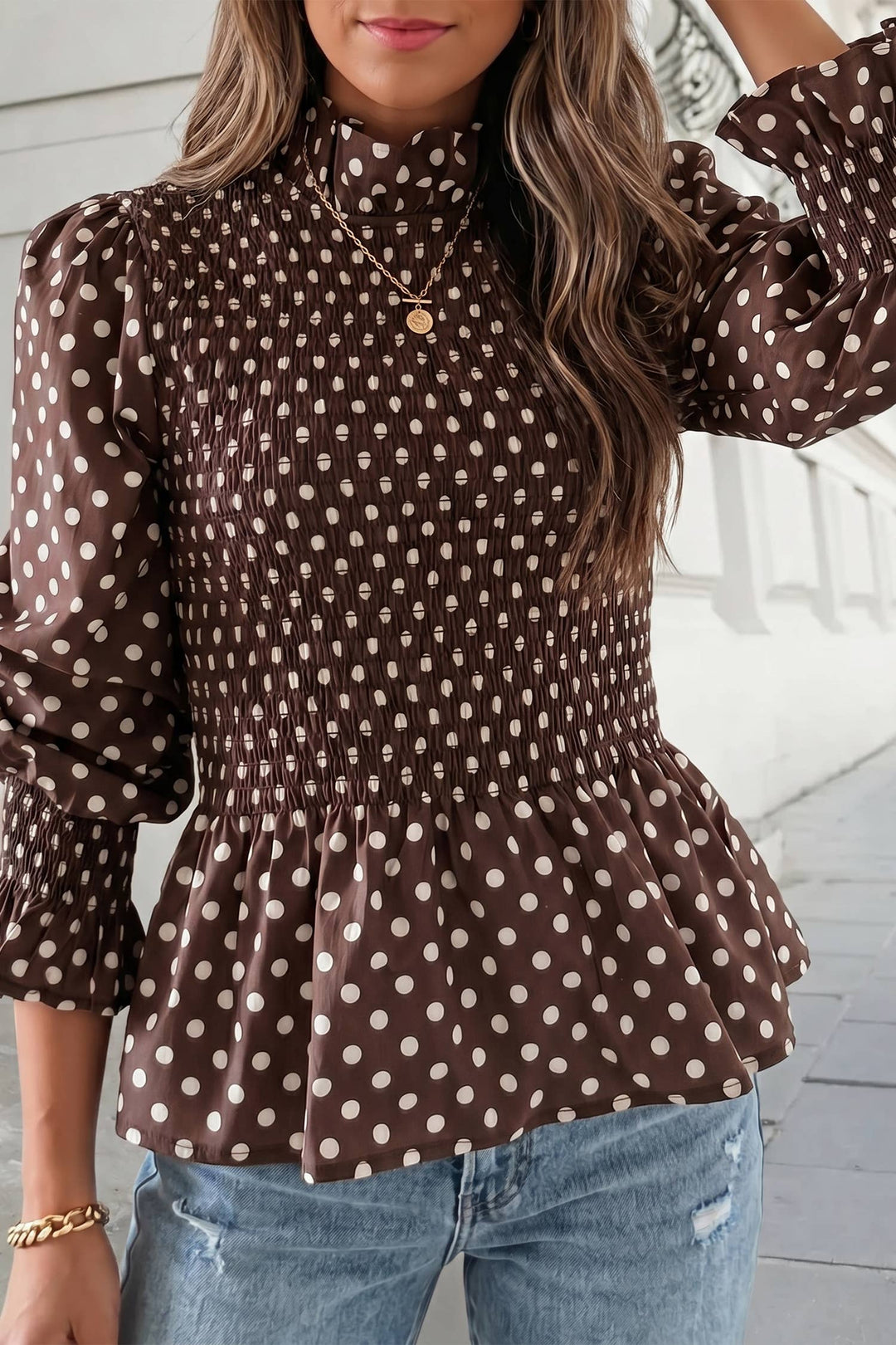 Cute Polka Dot Mock Neck Ruffled Shirred Blouse | S-XL