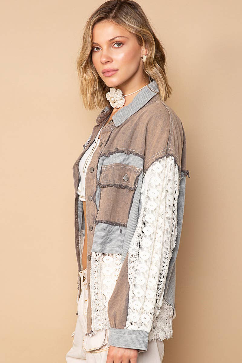 Oversize contrast lace crochet collared button down shirt