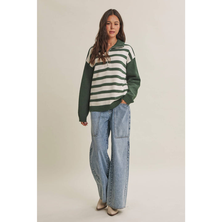 EVERGREEN DAYS CLASSIC HALF ZIP STRIPE PULLOVER SWEATER