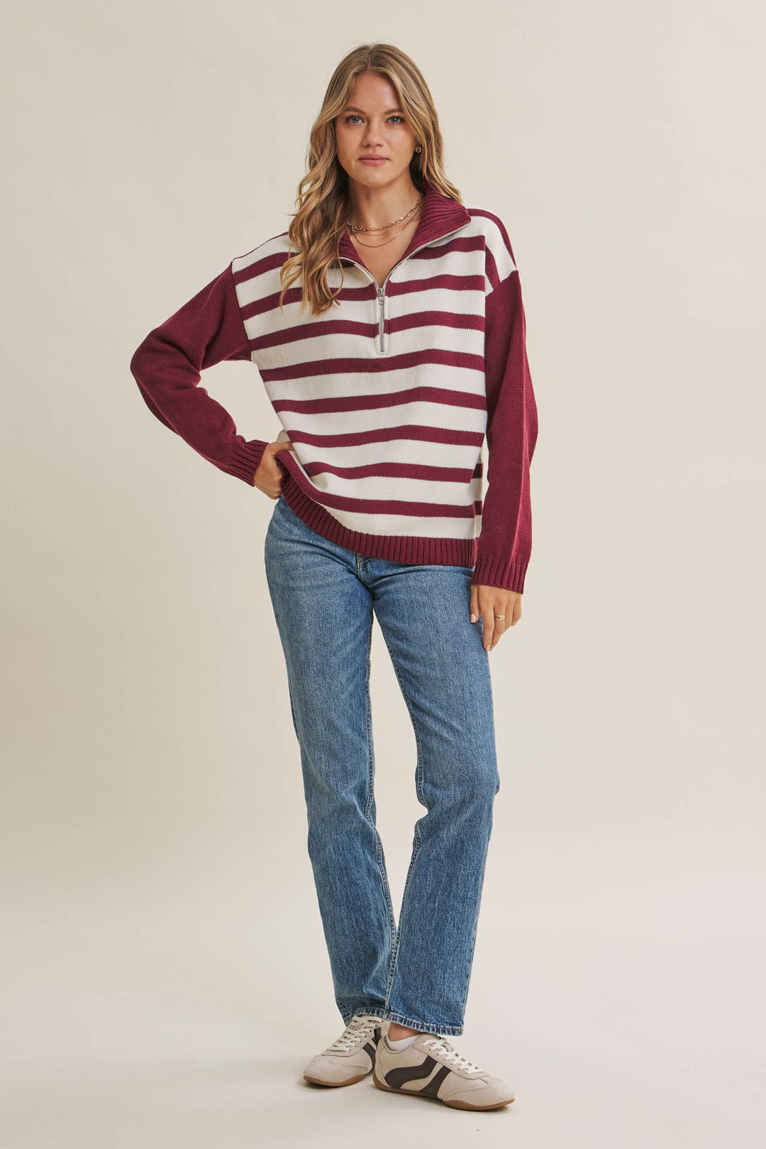 EVERGREEN DAYS CLASSIC HALF ZIP STRIPE PULLOVER SWEATER