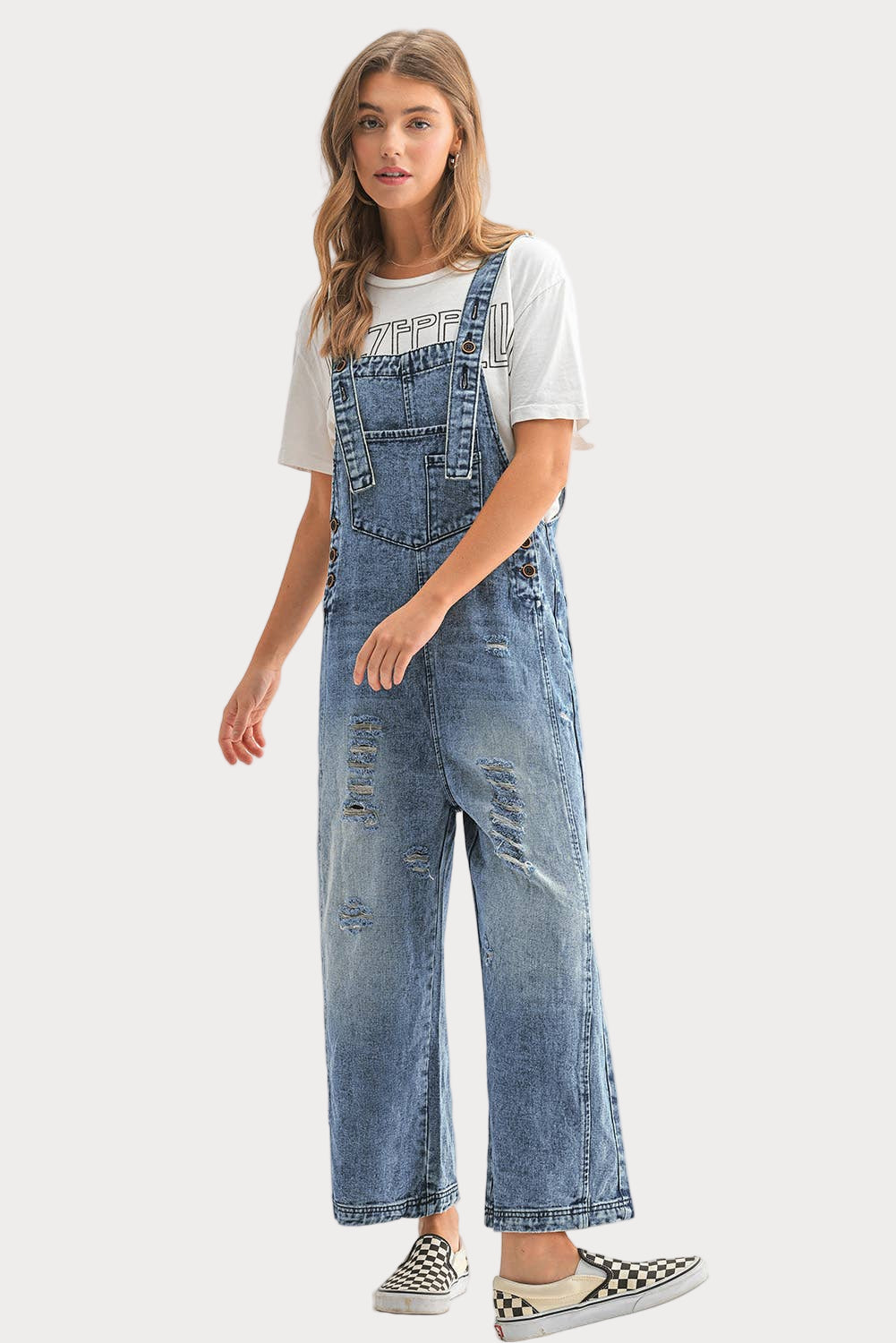 Distressed Wide-Leg Denim Overalls